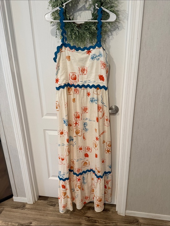 CeCe Dresses & Skirts - CeCe Cream Maxi Dress with Blue Trim and Orange Print